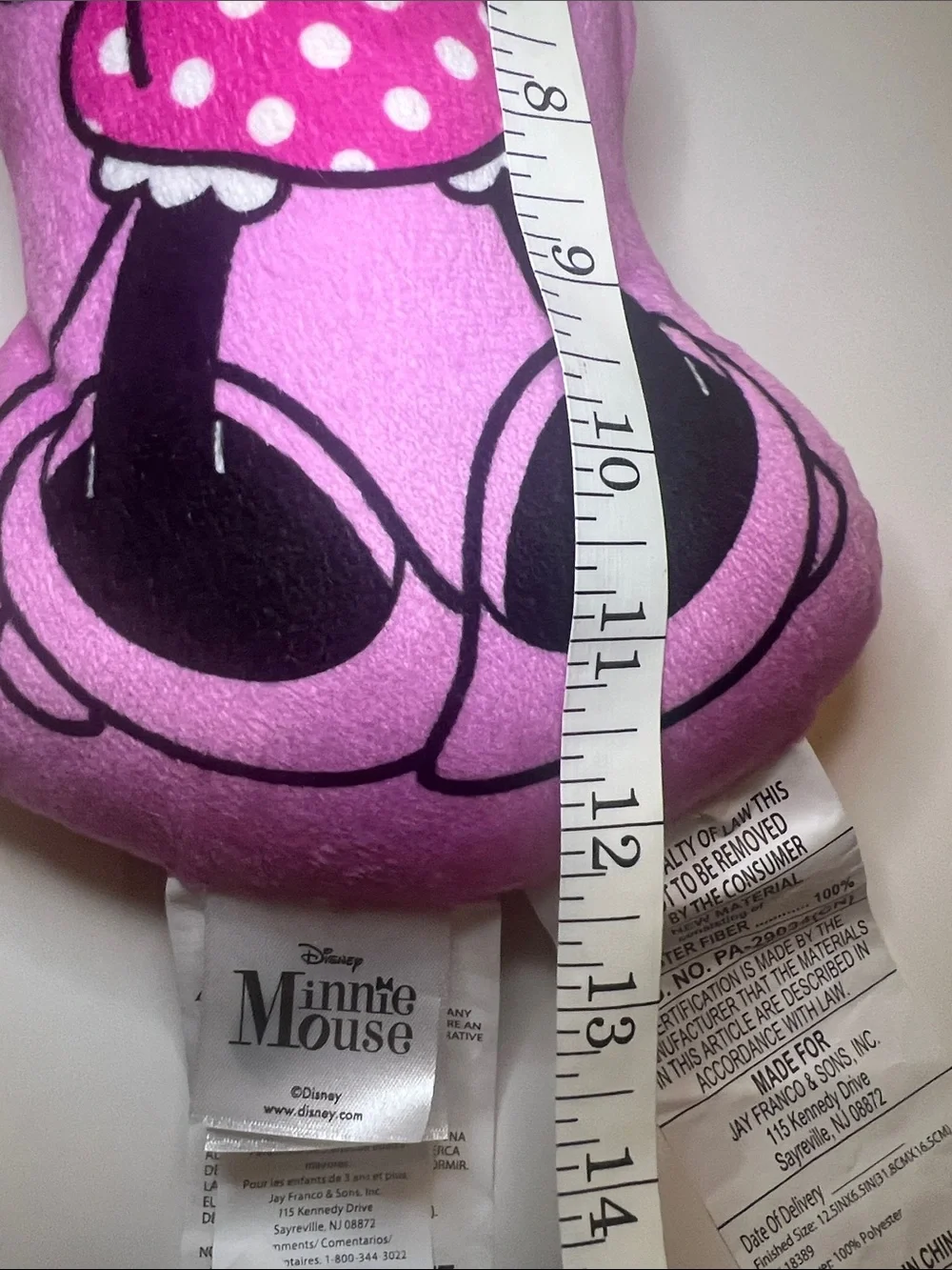 Disney Minnie Mouse Plush Pillow Pink Polka Dot Dress 12”x6” Stuffed Toy EUC